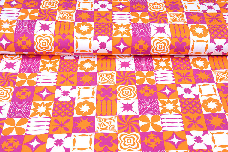 Baumwolljersey bedruckt retro flowers pink-orange