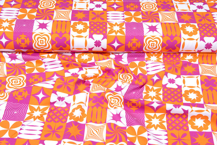 Baumwolljersey bedruckt retro flowers pink-orange