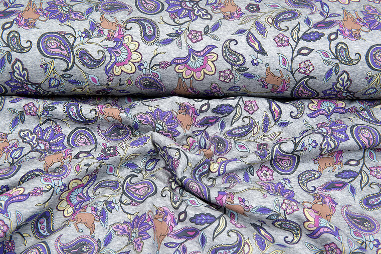 Alpenfleece bedruckt paisley unicorn grau-weiss