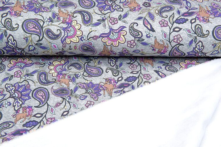 Alpenfleece bedruckt paisley unicorn grau-weiss