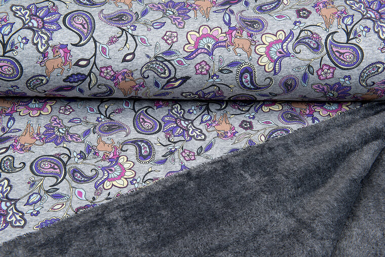 Alpenfleece bedruckt paisley unicorn grau-dunkelgrau